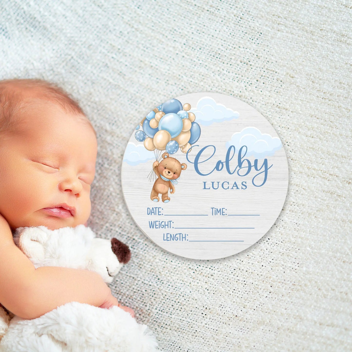 Bear with Balloons Boy Birth Stats Round Wood Baby Name Sign Amazing Faith Designs