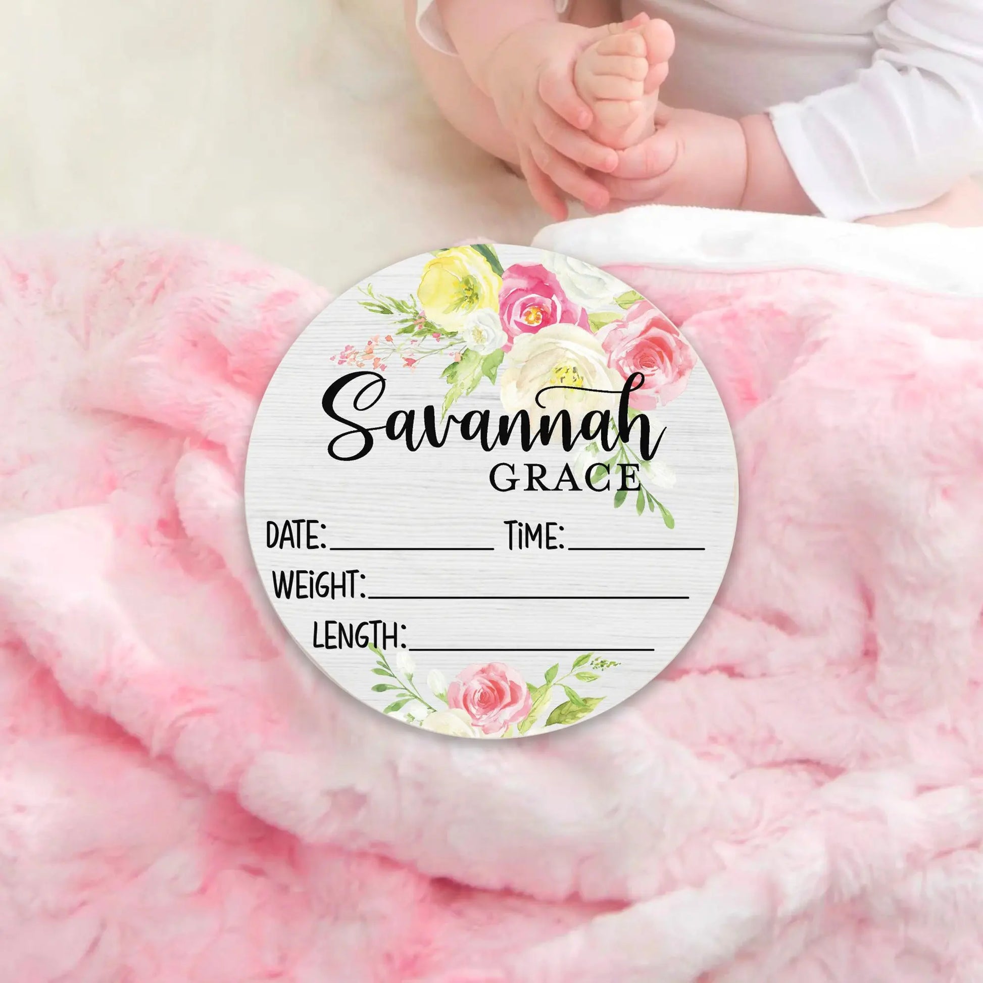 Birth Stat Sign Personalized for Newborn Baby Girl - Pink Flowers Amazing Faith Designs