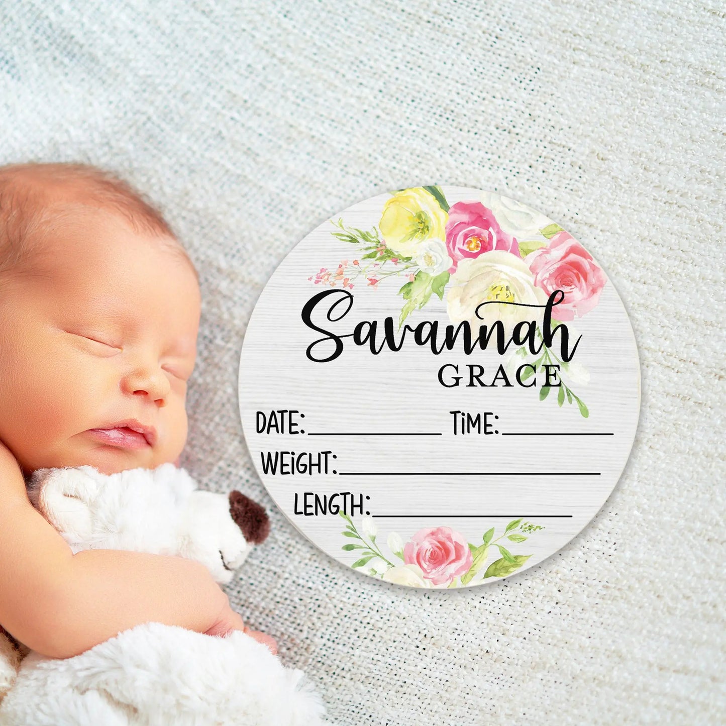 Birth Stat Sign Personalized for Newborn Baby Girl - Pink Flowers Amazing Faith Designs