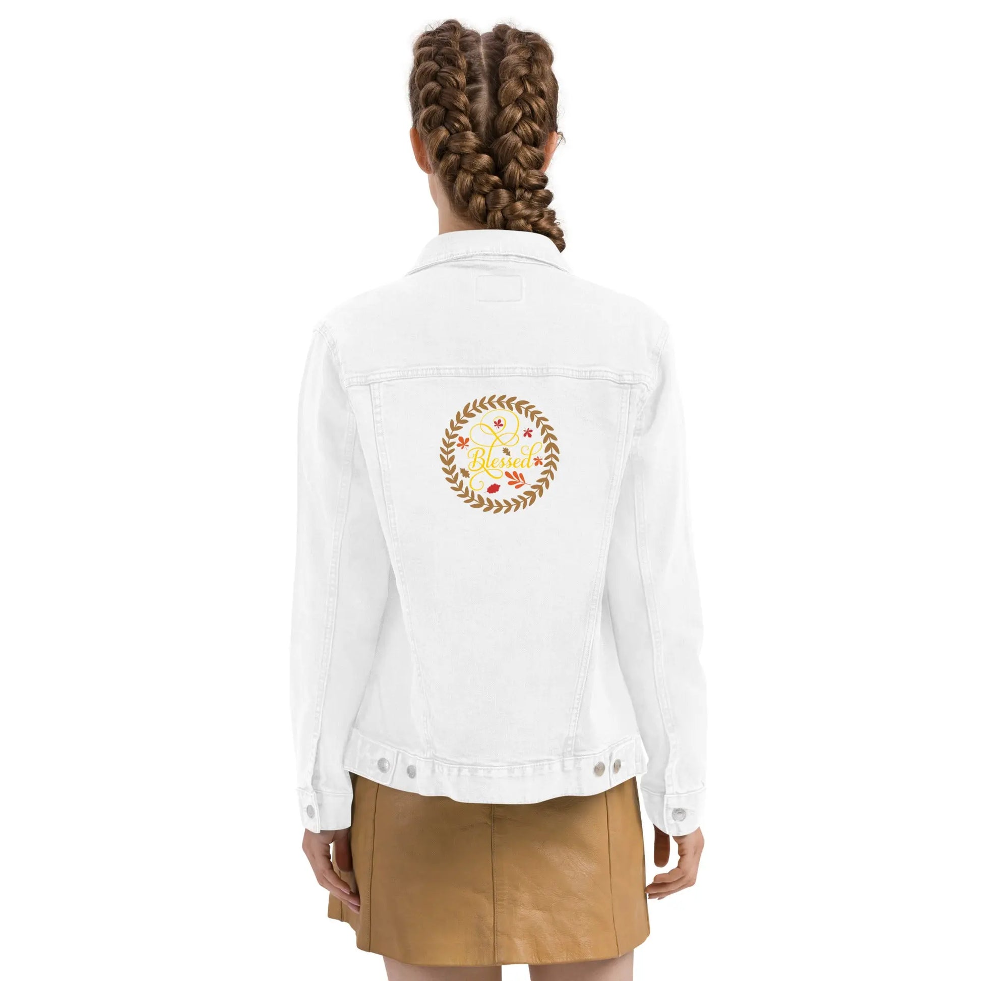 Blessed Fall Leaves Embroidered Denim Jacket Amazing Faith Designs