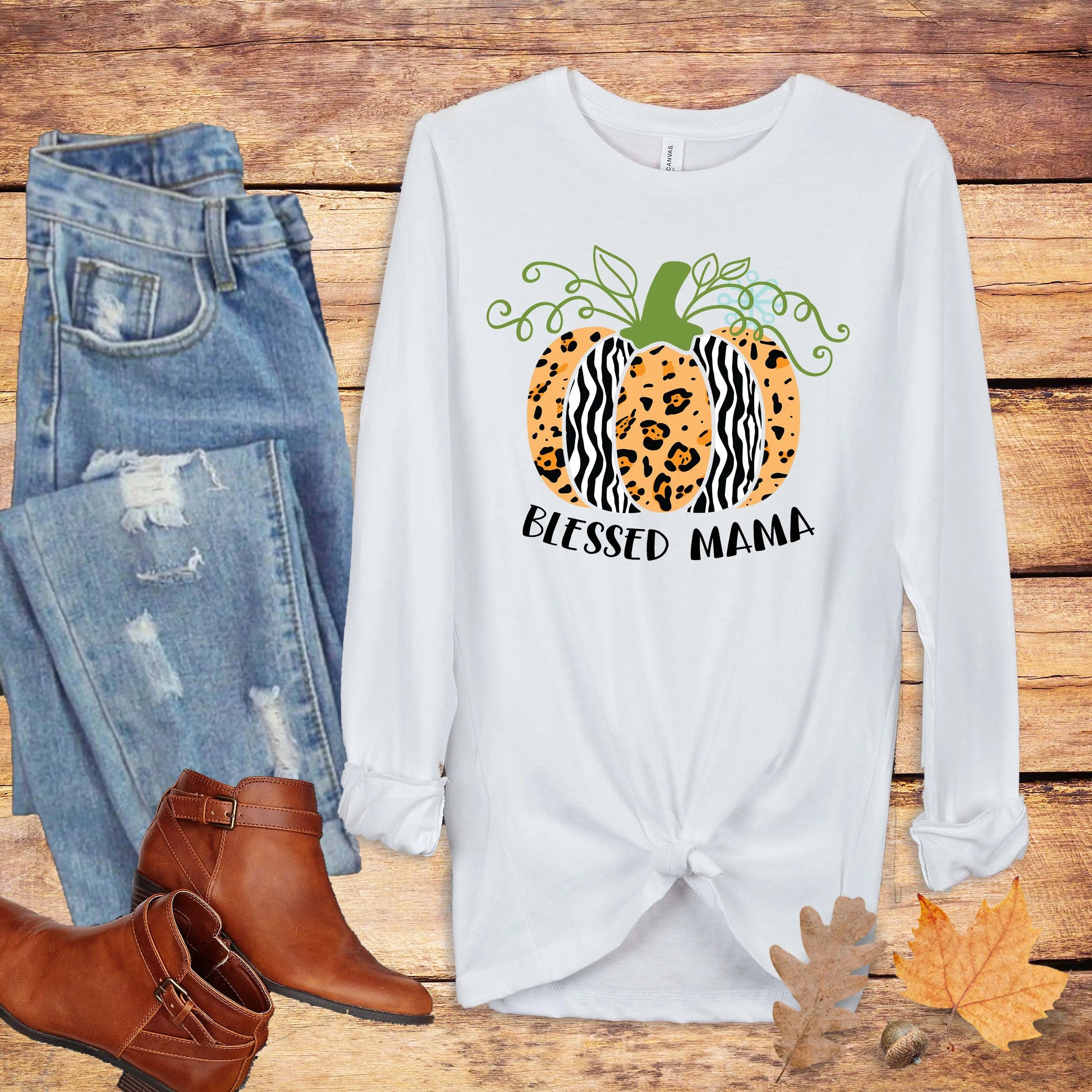 Blessed Mama Unisex Long Sleeve Tee, Mom Fall Shirt, Leopard Zebra Print Pumpkin Mama Shirt Printify