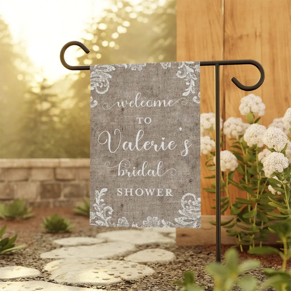 Bridal Shower Wedding Burlap and Lace Garden Flag - Personalized Printify