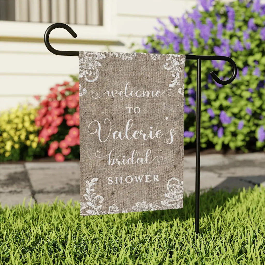 Bridal Shower Wedding Burlap and Lace Garden Flag - Personalized Printify