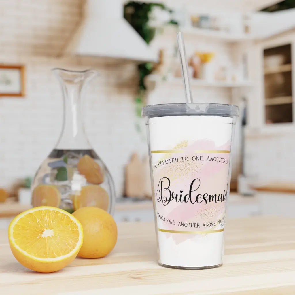 Bridesmaid Plastic Water Tumbler with Straw Printify