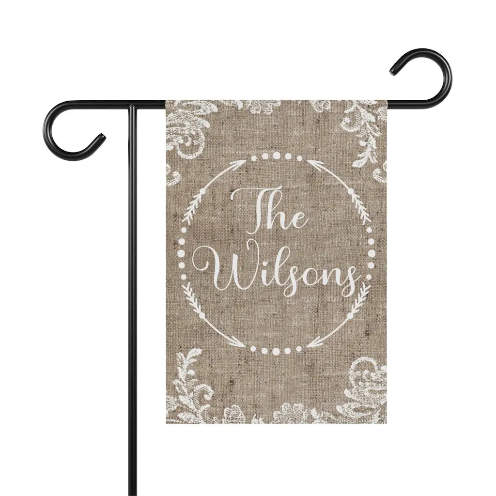 Burlap and Lace Family Name Garden Flag - Personalized Printify