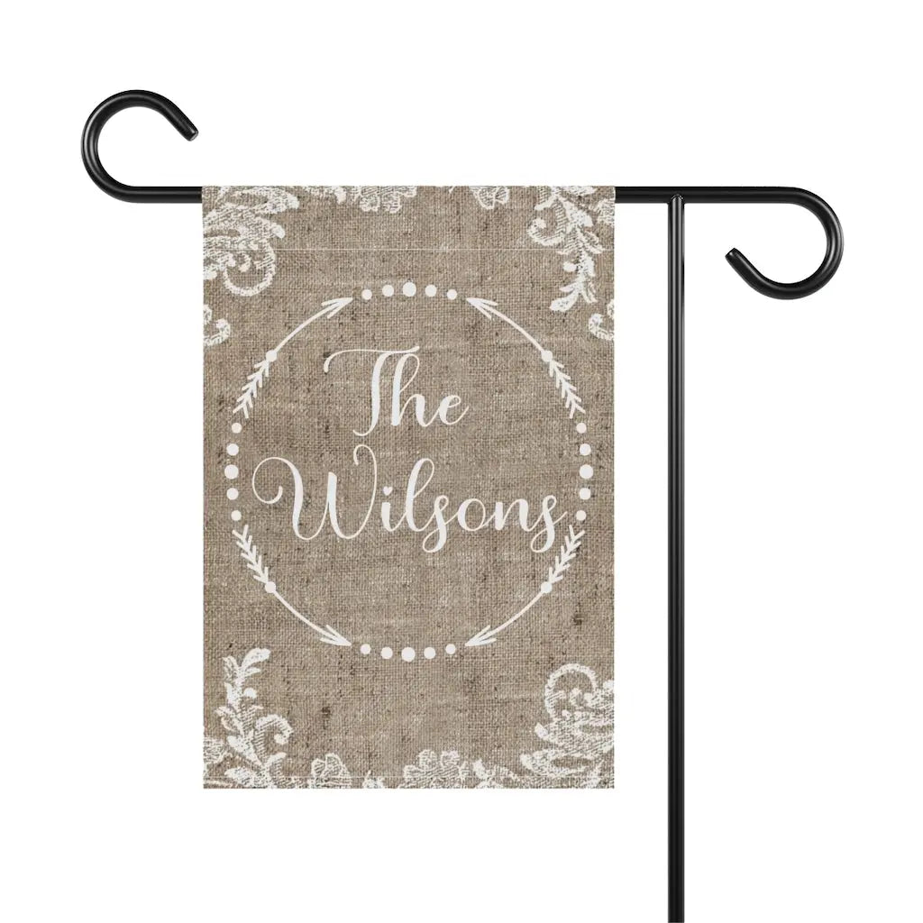 Burlap and Lace Family Name Garden Flag - Personalized Printify