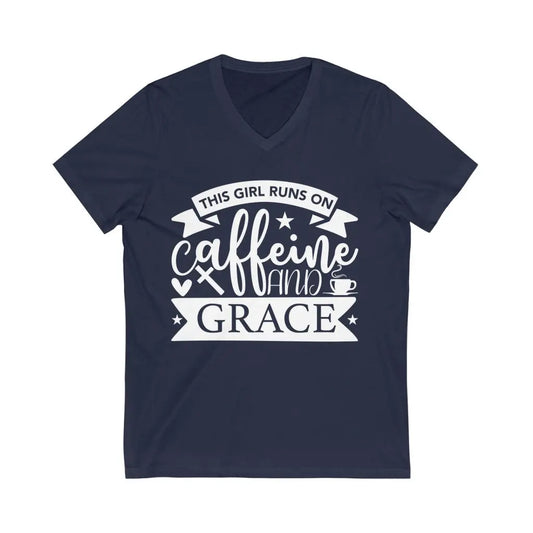 Caffeine and Grace V-Neck T-shirt | Christian Faith Tee Printify