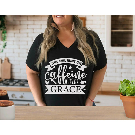Caffeine and Grace V-Neck T-shirt | Christian Faith Tee Printify