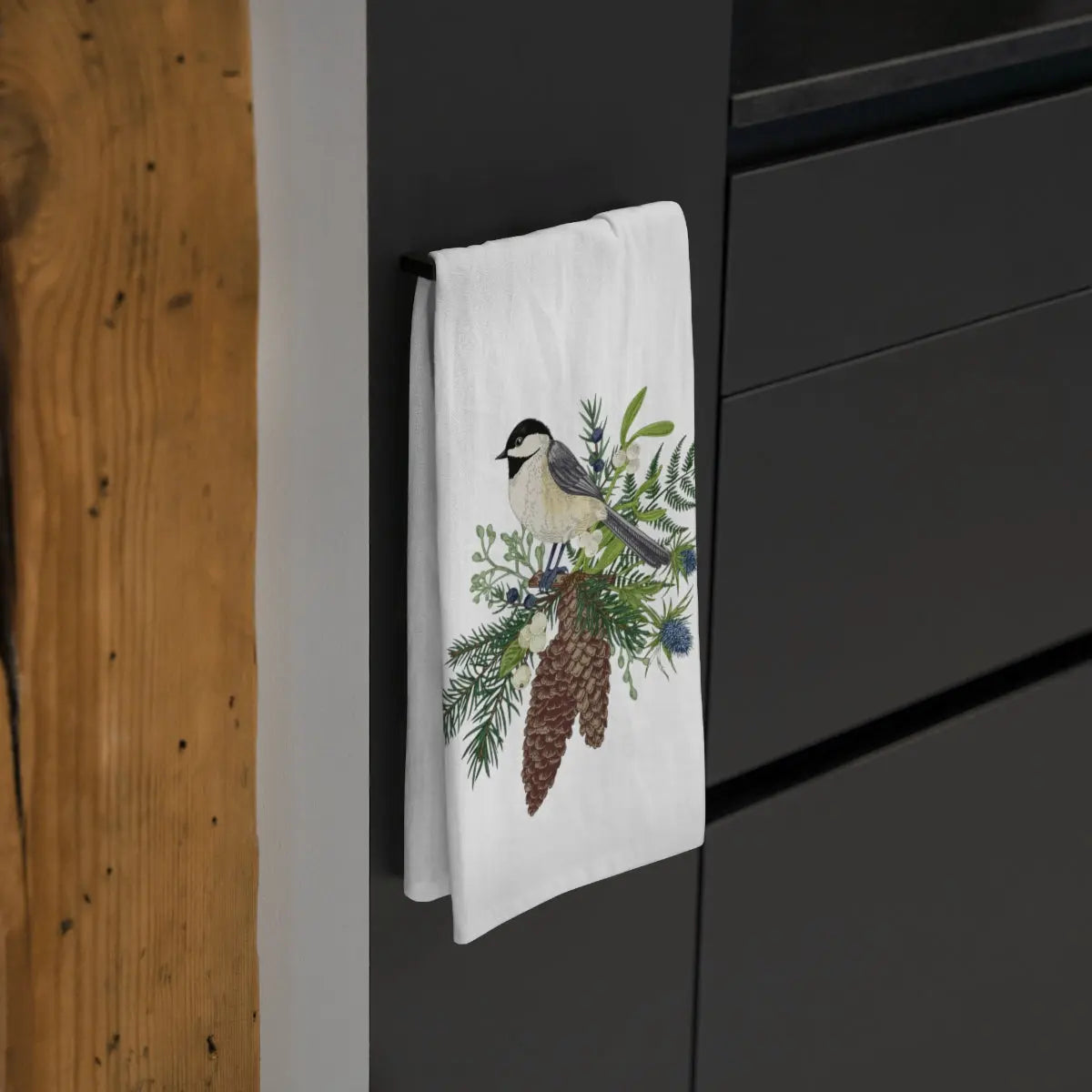 Chickadee Kitchen Tea Towel, Holiday Kitchen Towel, Christmas Dish Towel, Winter Chickadee Towel Printify