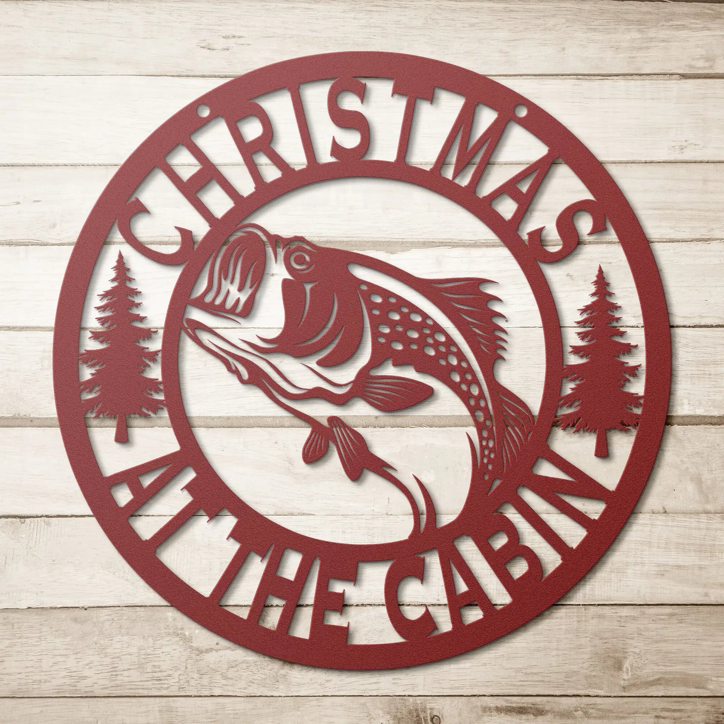 Christmas at the Cabin Bass Fishing Metal Sign, Christmas Door Wreath teelaunch