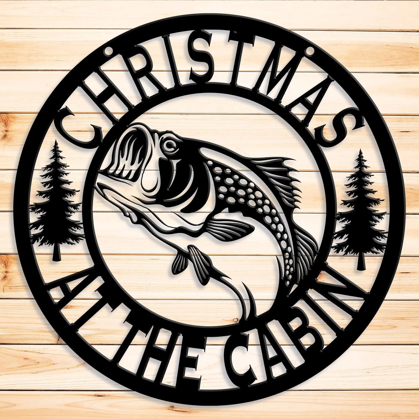 Christmas at the Cabin Bass Fishing Metal Sign, Christmas Door Wreath teelaunch