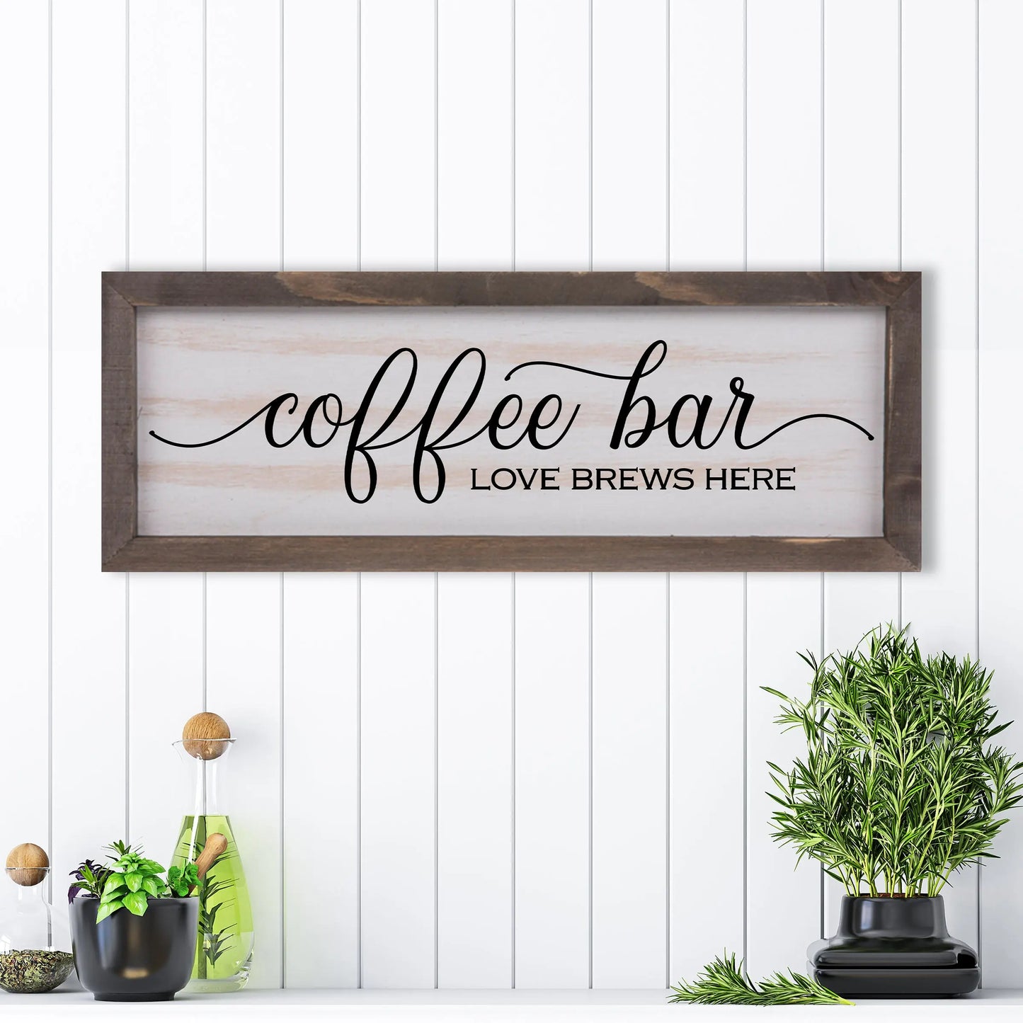 Coffee Bar, Love Brews Here Rustic Whitewashed Wood Frame Sign | 5.5" x 15" Farmhouse Decor | Christian Wood Decor amazingfaithdesigns
