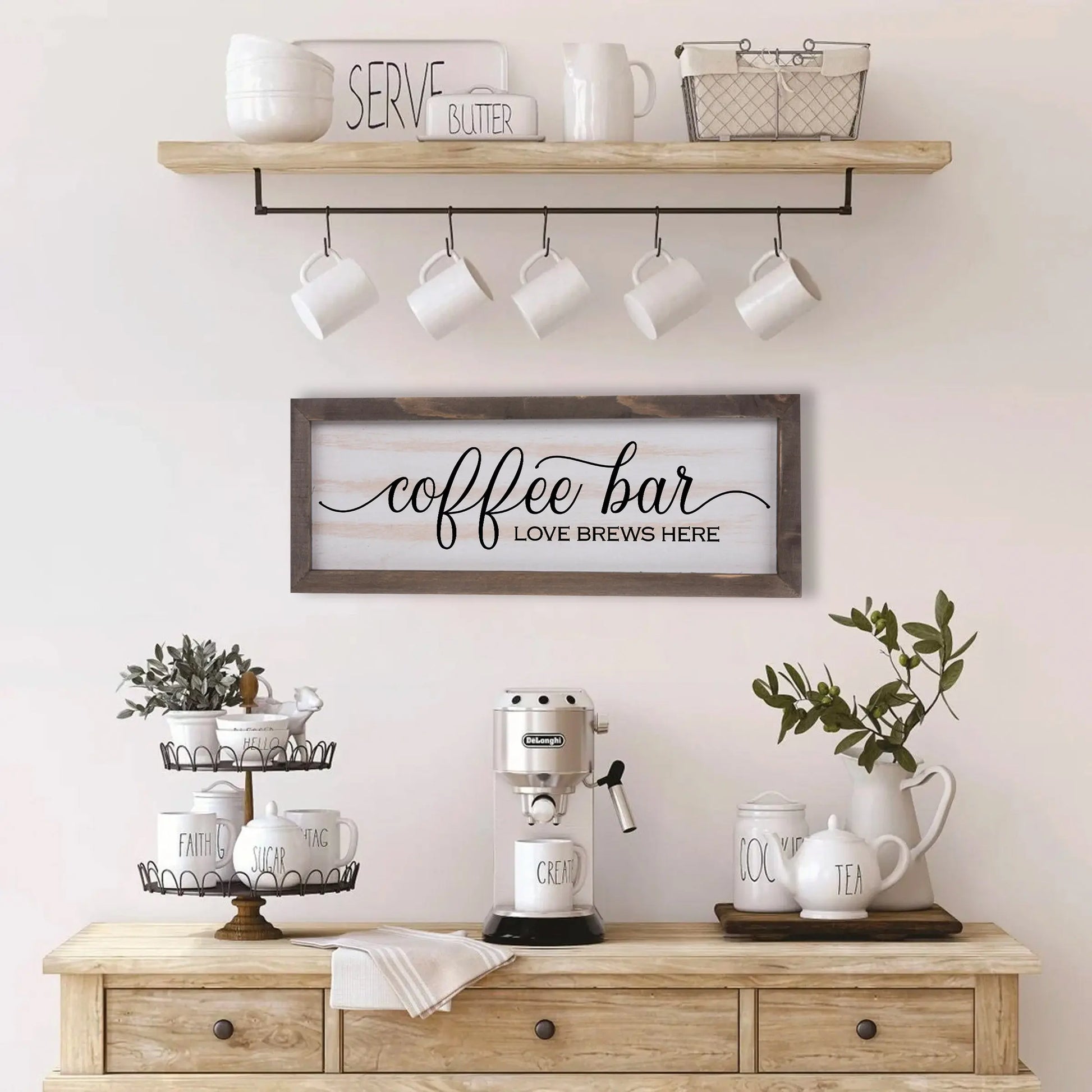 Coffee Bar, Love Brews Here Rustic Whitewashed Wood Frame Sign | 5.5" x 15" Farmhouse Decor | Christian Wood Decor amazingfaithdesigns