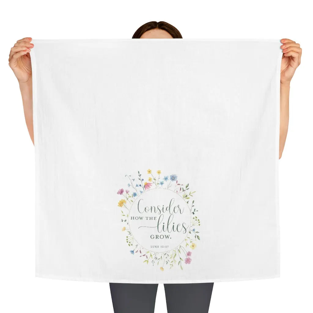 Consider the Lilies Scripture Kitchen Tea Towel Printify