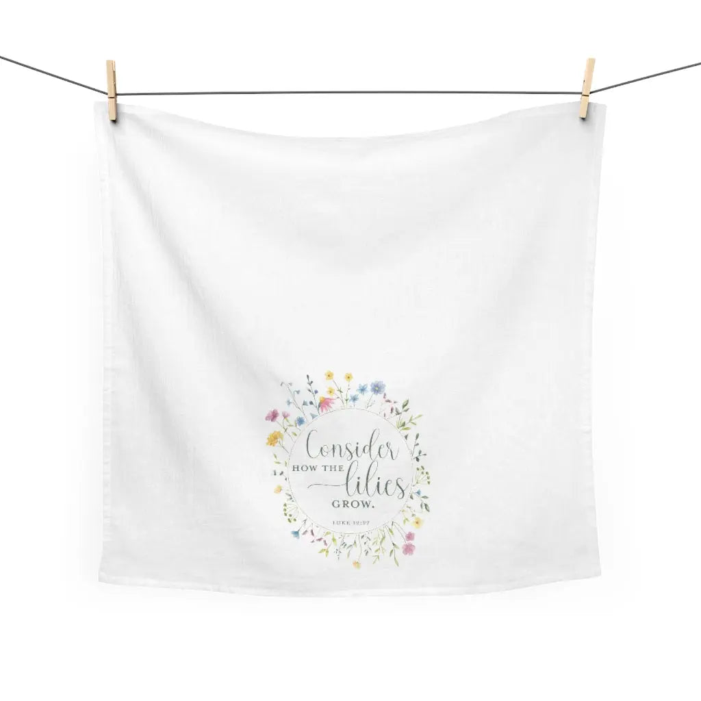 Consider the Lilies Scripture Kitchen Tea Towel Printify