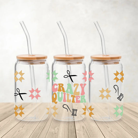 Crazy Quilter Glass Can | Coffee Glass | Iced Coffee Glass | Quilter Gift Amazing Faith Designs