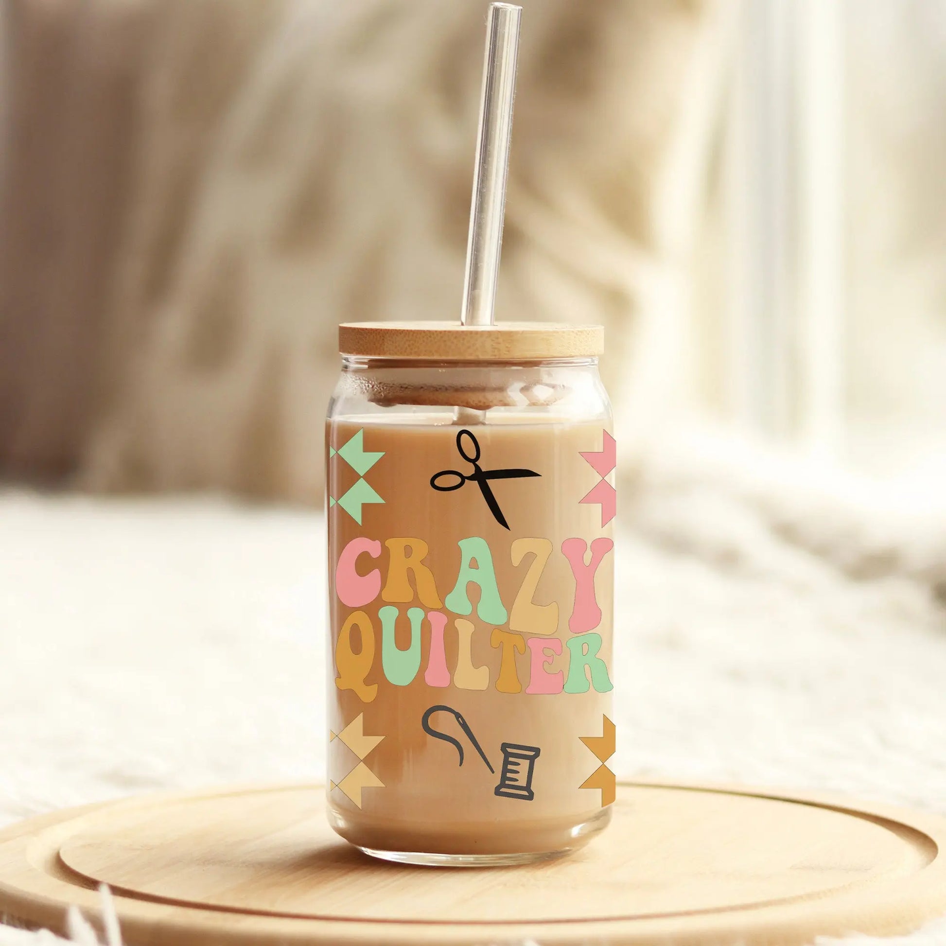 Crazy Quilter Glass Can | Coffee Glass | Iced Coffee Glass | Quilter Gift Amazing Faith Designs