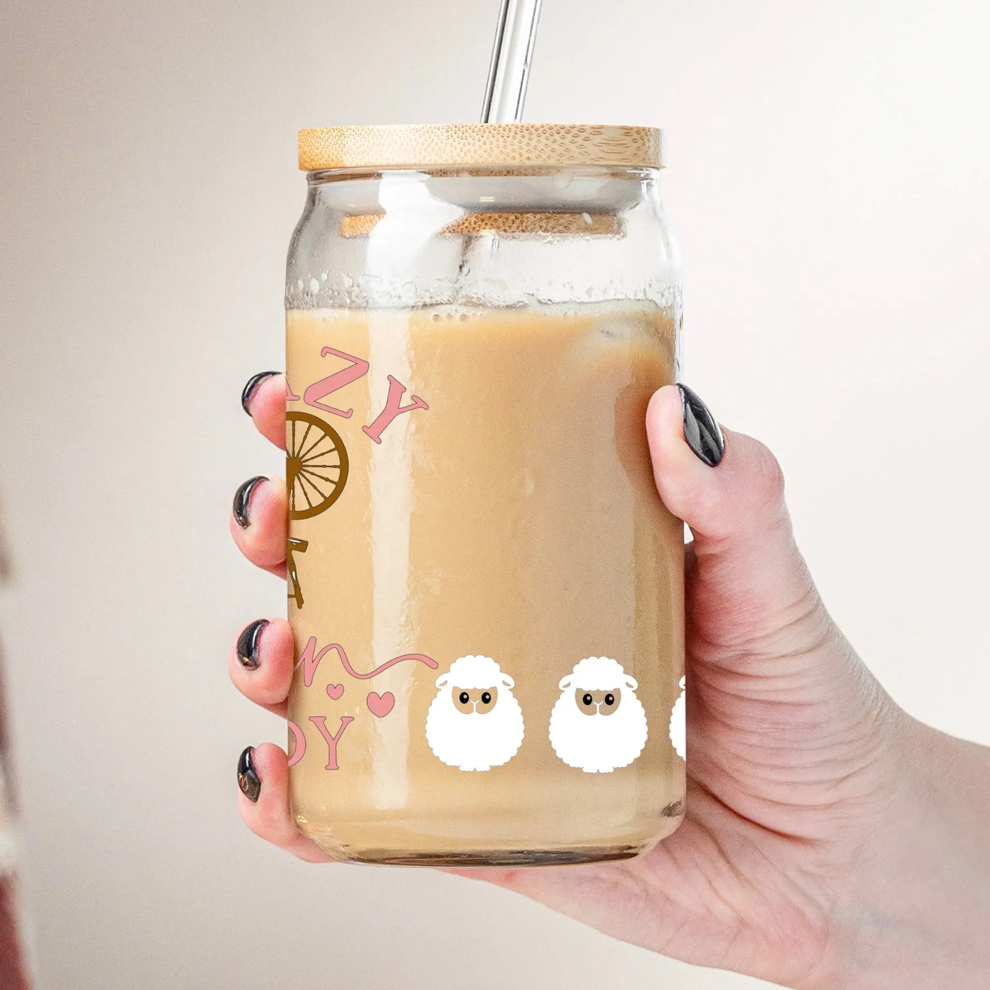Crazy Yarn Lady Glass Can | Coffee Glass | Iced Coffee Glass | Spinner Gift Amazing Faith Designs