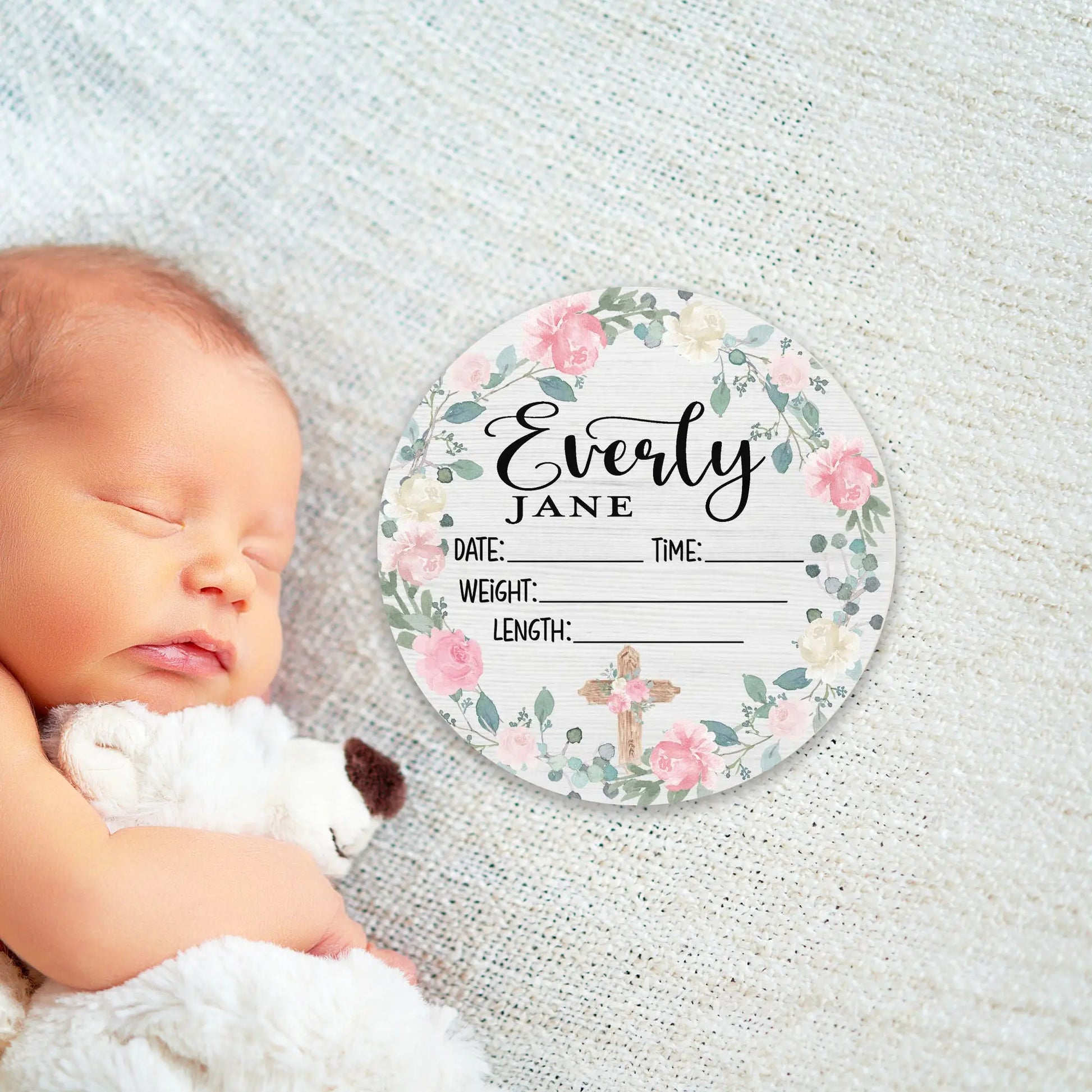 Cross Roses Birth Stats Round Wood Baby Name Sign Amazing Faith Designs
