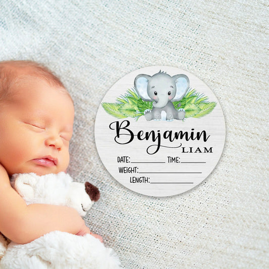 Elephant Boy Birth Stats Round Wood Baby Name Sign Amazing Faith Designs