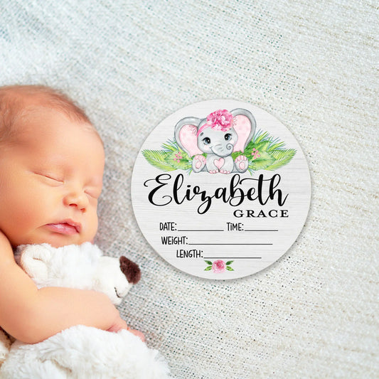Elephant Girl Birth Stats Round Wood Baby Name Sign Amazing Faith Designs