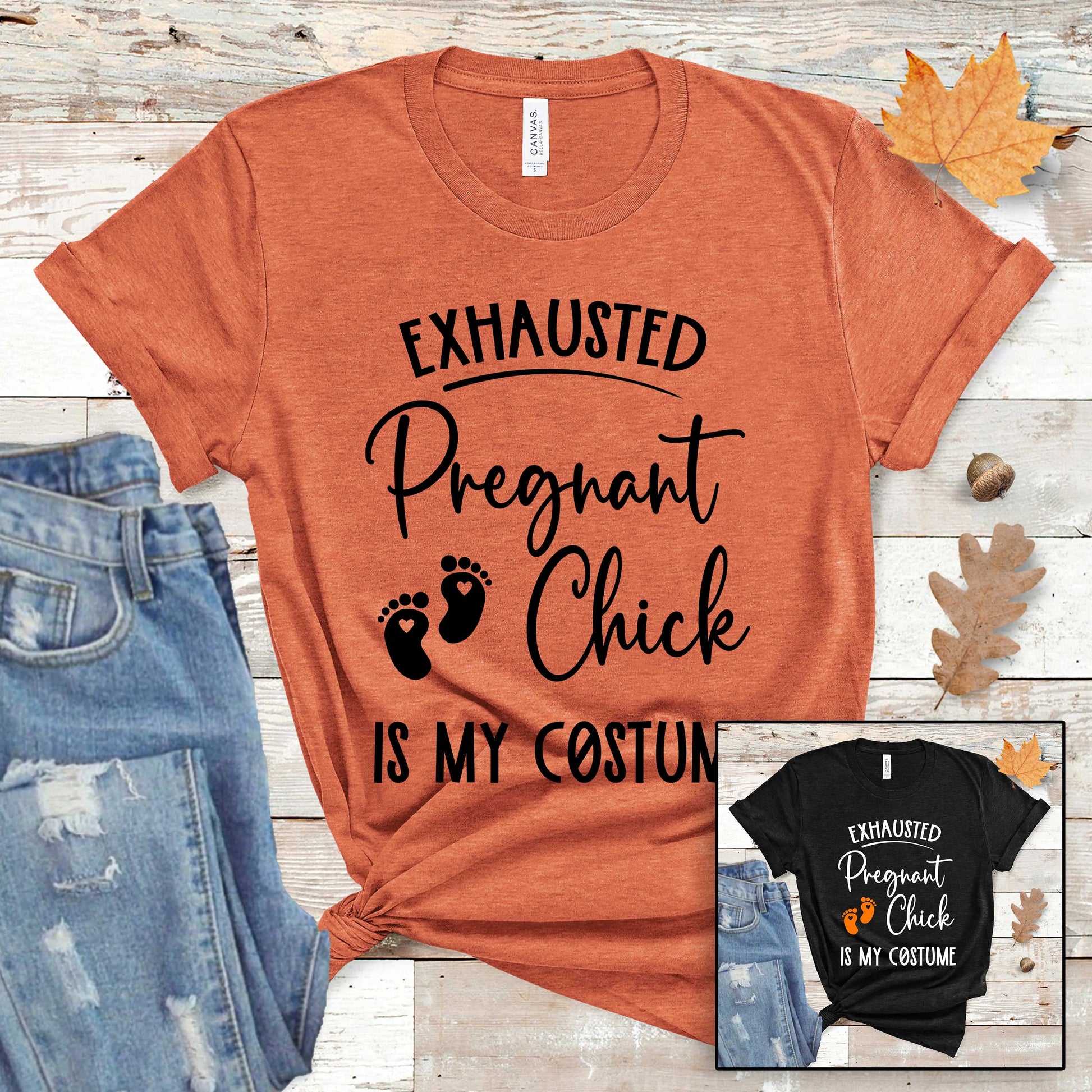 Printify Exhausted Pregnant Chick Shirt, Cute Maternity, Pregnant Shirt for Halloween Heather Orange / S