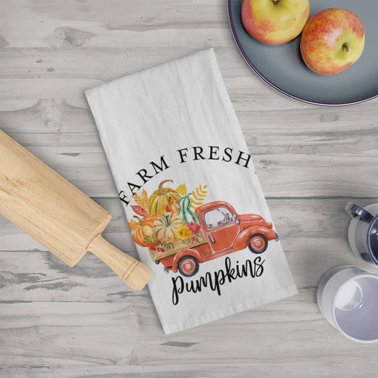 Farm Fresh Pumpkins with Pickup Truck Tea Towel, Autumn Kitchen Towel, Fall Dish Towel Printify