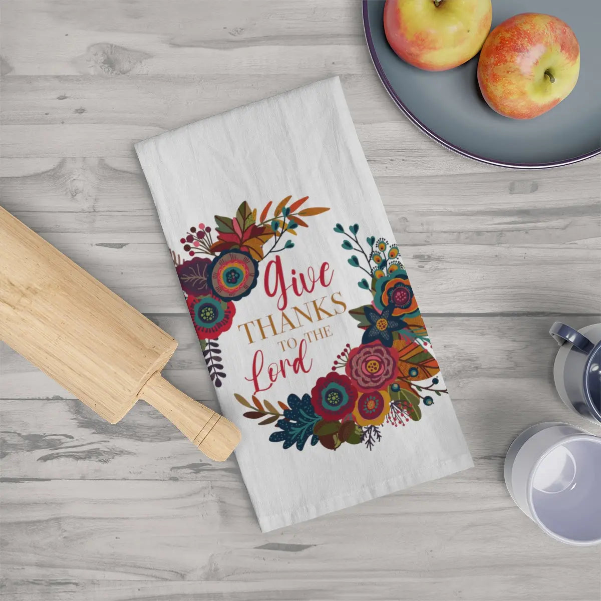 Give Thanks Tea Towel, Fall Kitchen Towel, Farmhouse, Thanksgiving, Floral Dish Towel, Cute Autumn Kitchen Towel Printify