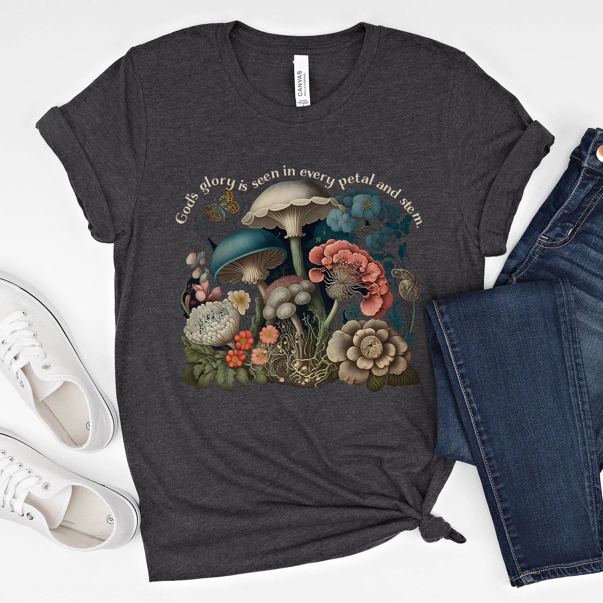 God's Glory Mushroom and Flowers Tshirt, Cottagecore Shirt, Mushroom Tshirt Amazing Faith Designs