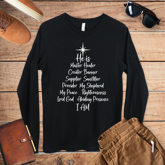 Names of God Christmas Tree Unisex Long Sleeve Tee - Amazing Faith Designs