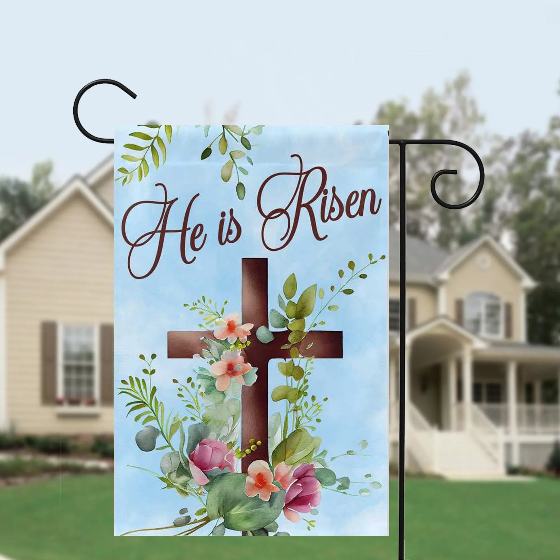 He is Risen Flower Cross Garden Flag Amazing Faith Designs