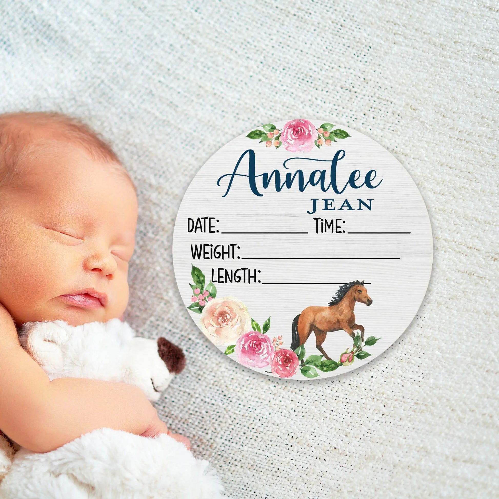 Horse Floral Birth Stats Round Wood Baby Name Sign Amazing Faith Designs