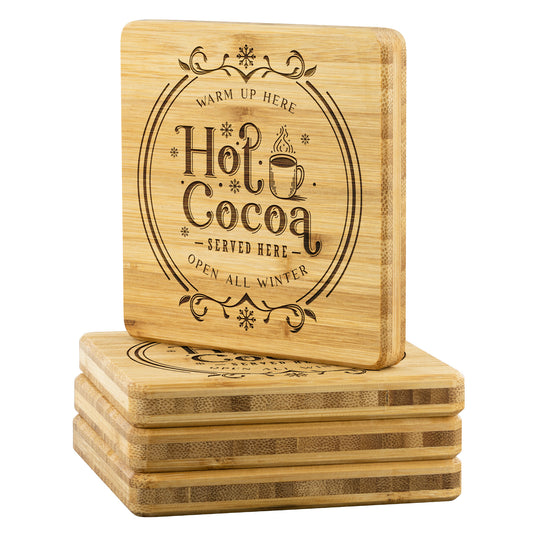Hot Cocoa Co Bamboo Coasters - Set of 4, Christmas Coasters teelaunch