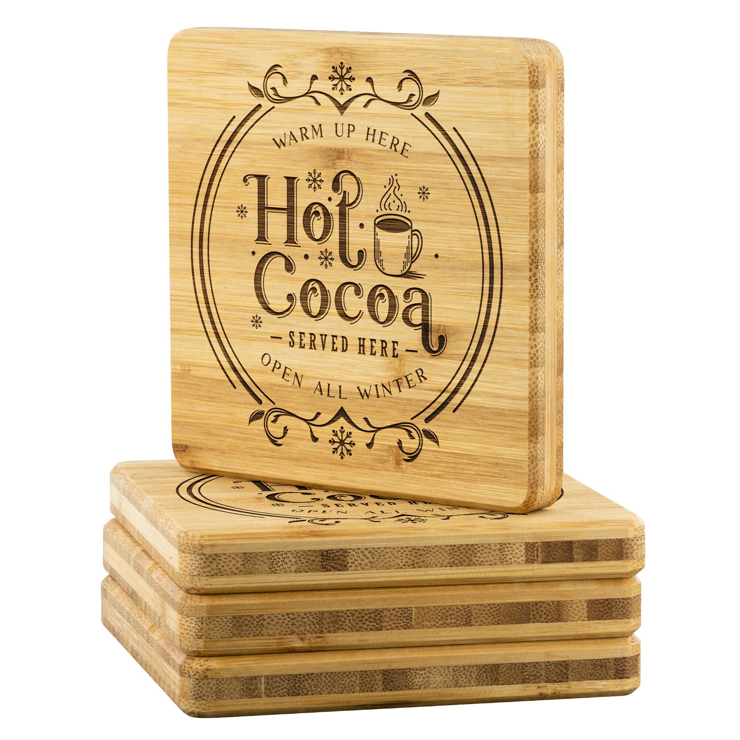 Hot Cocoa Co Bamboo Coasters - Set of 4, Christmas Coasters - Amazing Faith Designs