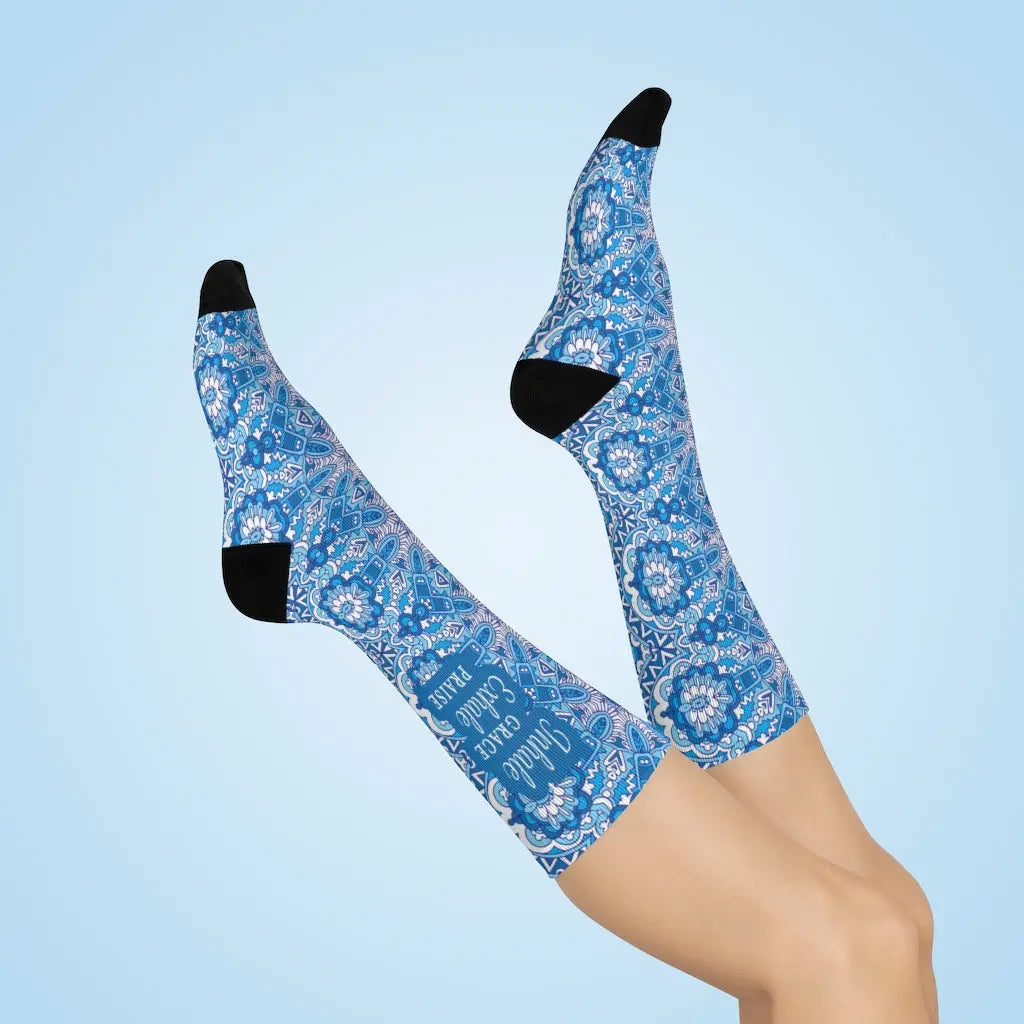 Inhale Grace Exhale Praise Blue Socks, Christian Socks Printify