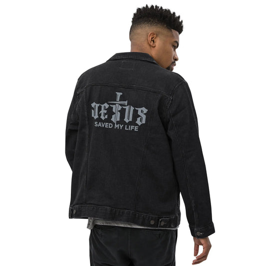 Jesus Saved My Life Unisex denim jacket, Embroidered Amazing Faith Designs