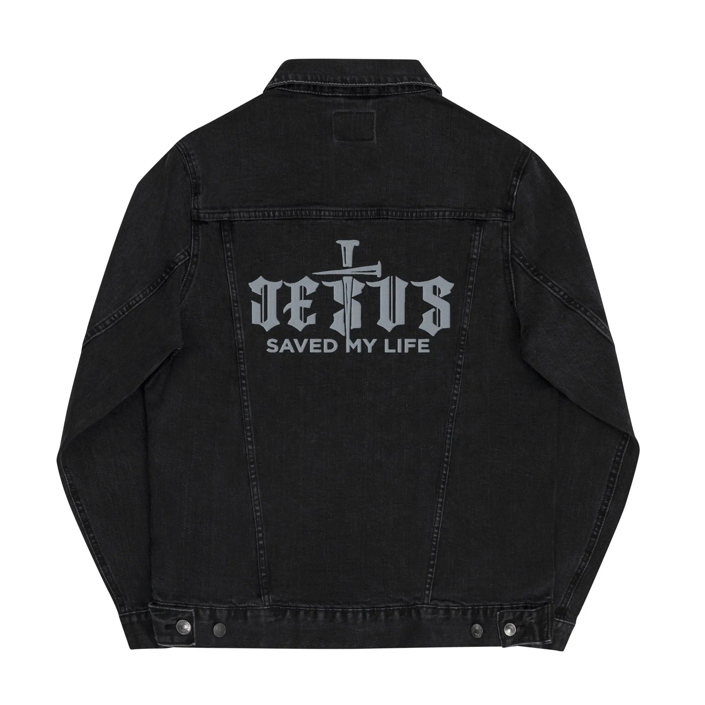 Jesus Saved My Life Unisex denim jacket, Embroidered Amazing Faith Designs