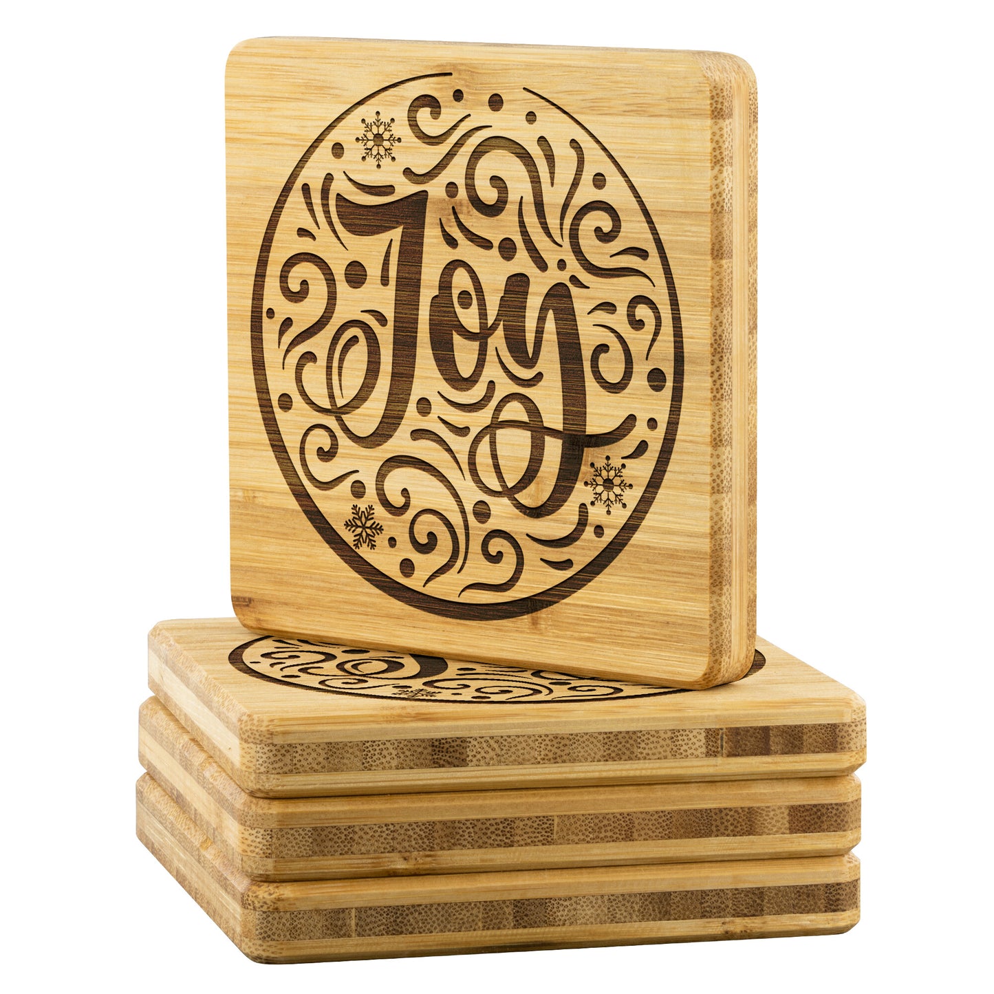 Joy Christmas Bamboo Coasters - Set of 4, Christmas Coasters - Amazing Faith Designs