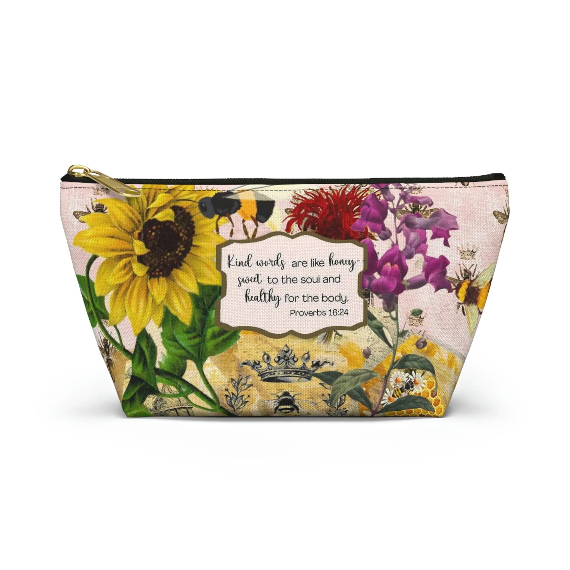Kind Words are Like Honey Makeup Accessory Pouch w T-bottom - Vintage Honey Bee Printify