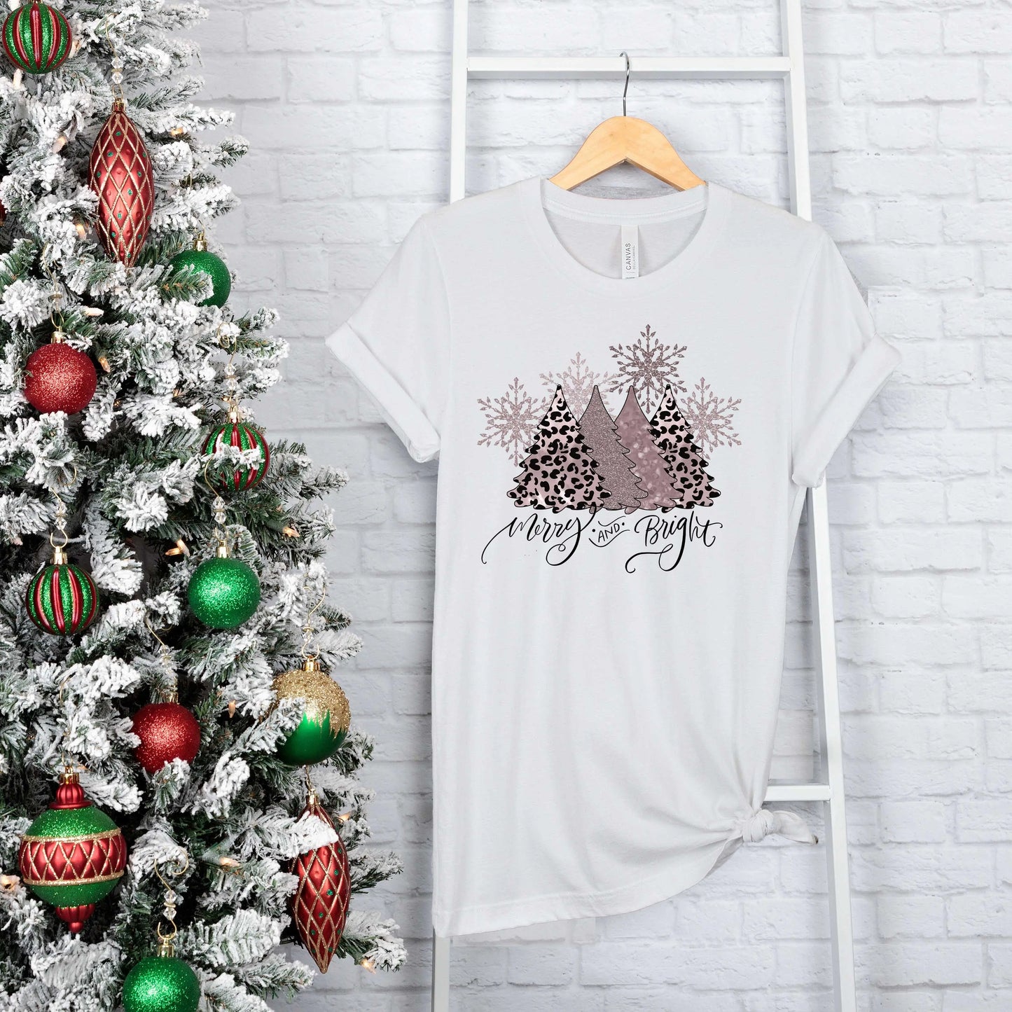 Merry and Bright Leopard Christmas Tee, Cute Christmas Shirt Printify