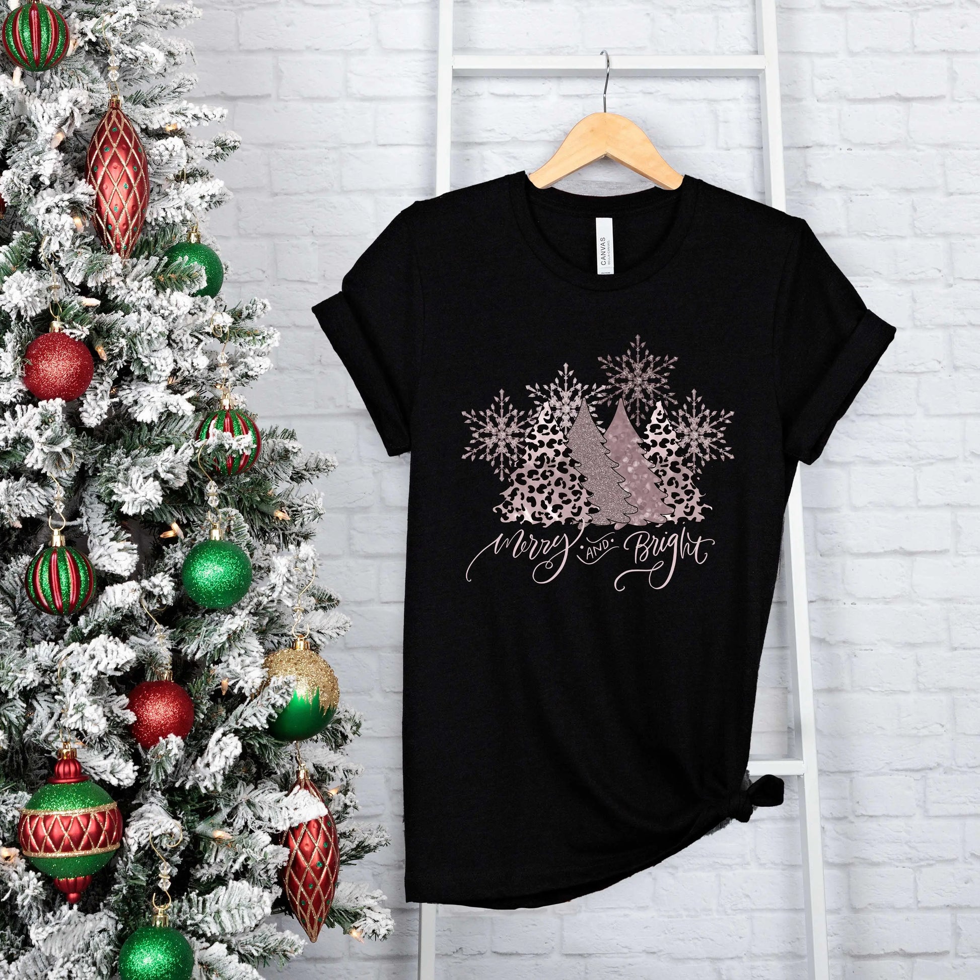 Merry and Bright Leopard Christmas Tee, Cute Christmas Shirt Printify
