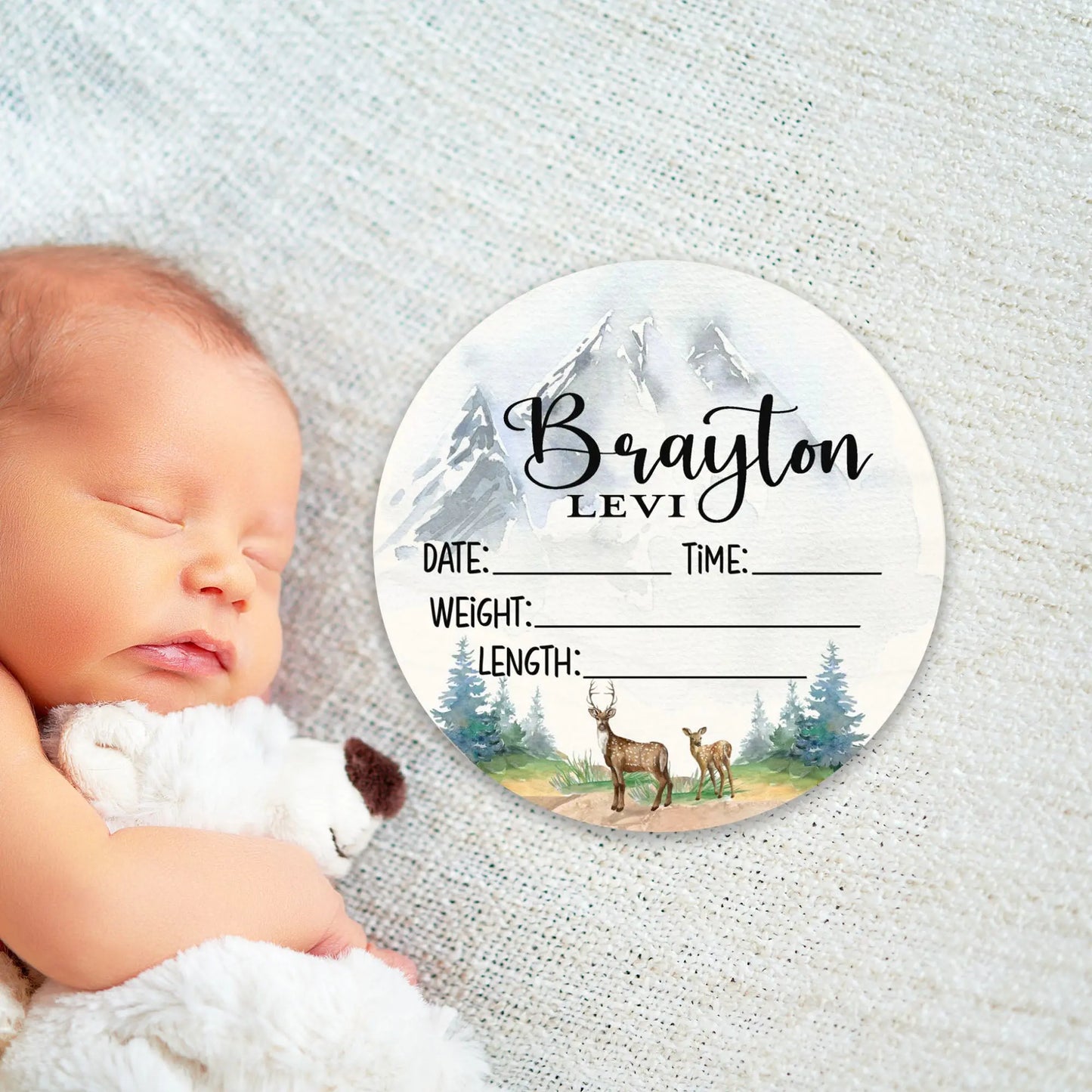 Mountain Deer Birth Stats Round Wood Baby Name Sign Amazing Faith Designs