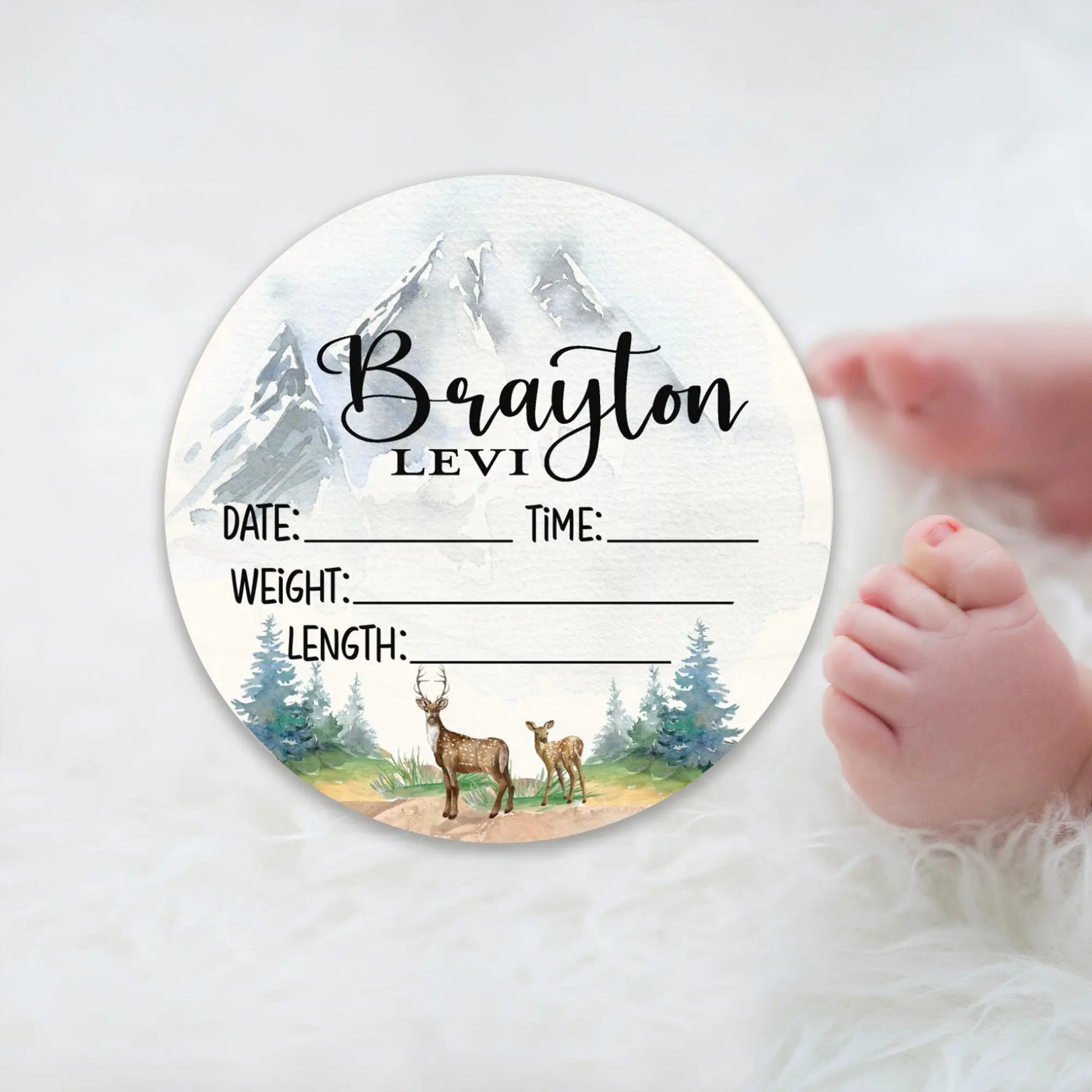 Mountain Deer Birth Stats Round Wood Baby Name Sign Amazing Faith Designs