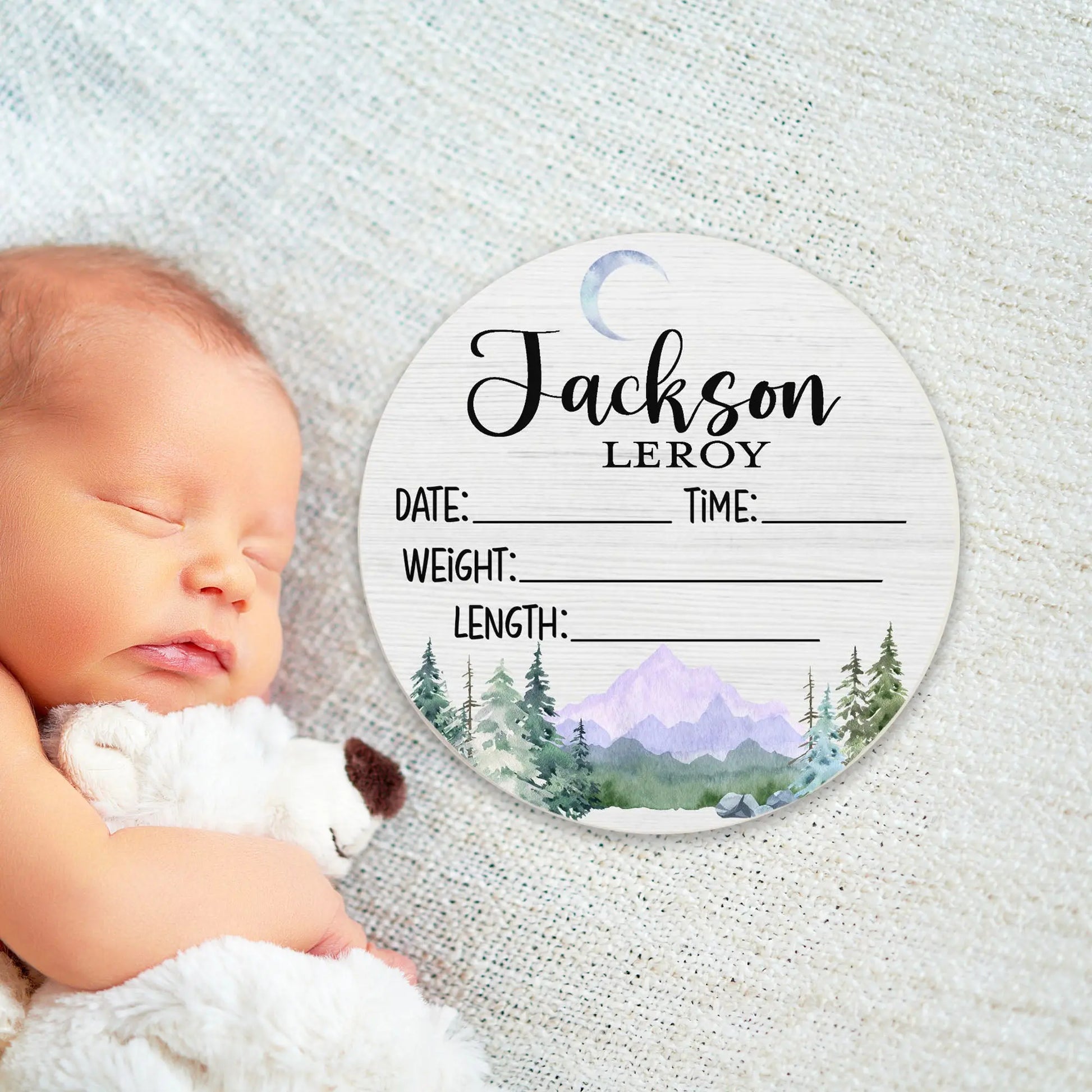 Mountains Birth Stats Round Wood Baby Name Sign Amazing Faith Designs