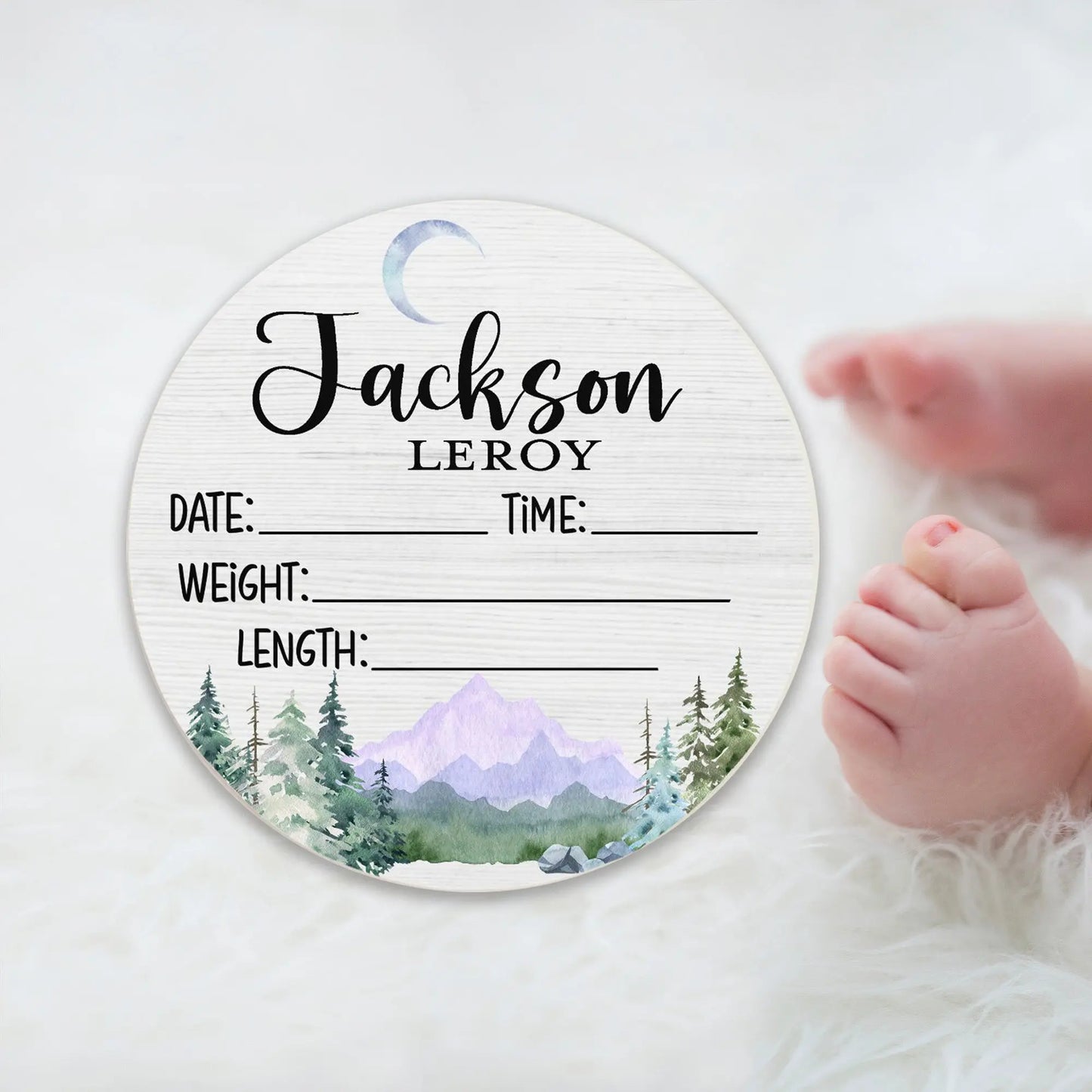 Mountains Birth Stats Round Wood Baby Name Sign Amazing Faith Designs