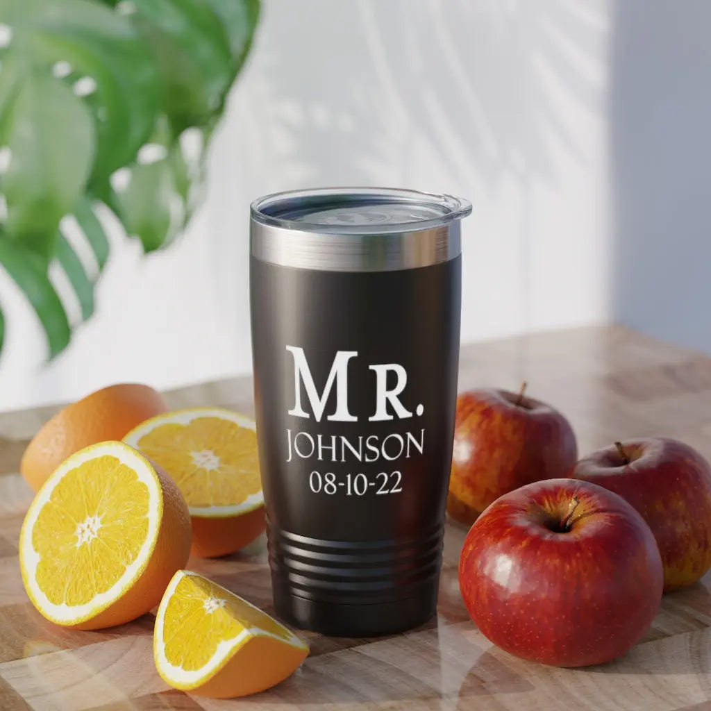 Mr and Mrs Bride Groom Ringneck Tumbler, 20oz Wedding Engagement Shower Gift Printify