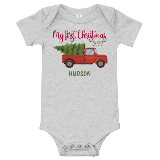 My First Christmas Pickup Personalized Baby Onesie Amazing Faith Designs