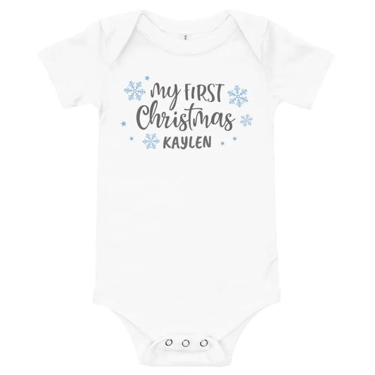 My First Christmas Snowflakes Personalized Baby Onesie Amazing Faith Designs