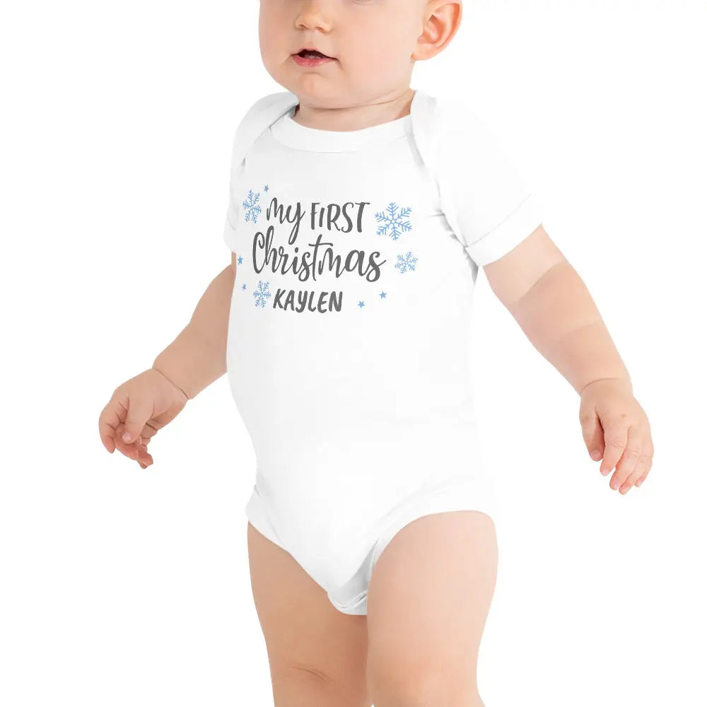 My First Christmas Snowflakes Personalized Baby Onesie Amazing Faith Designs