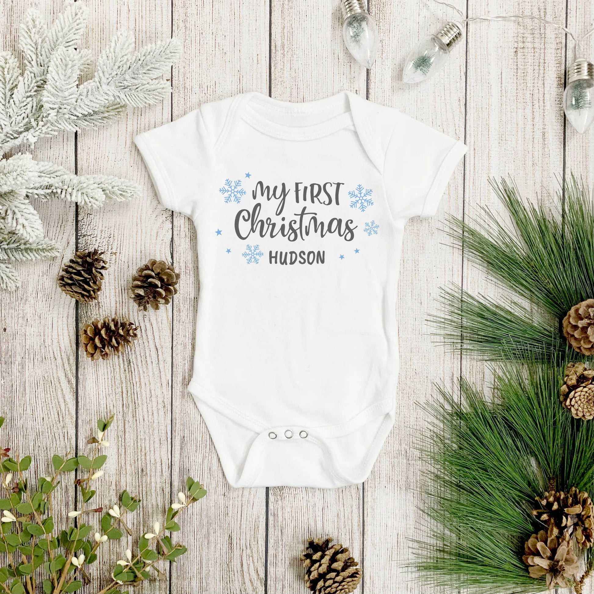 My First Christmas Snowflakes Personalized Baby Onesie Amazing Faith Designs